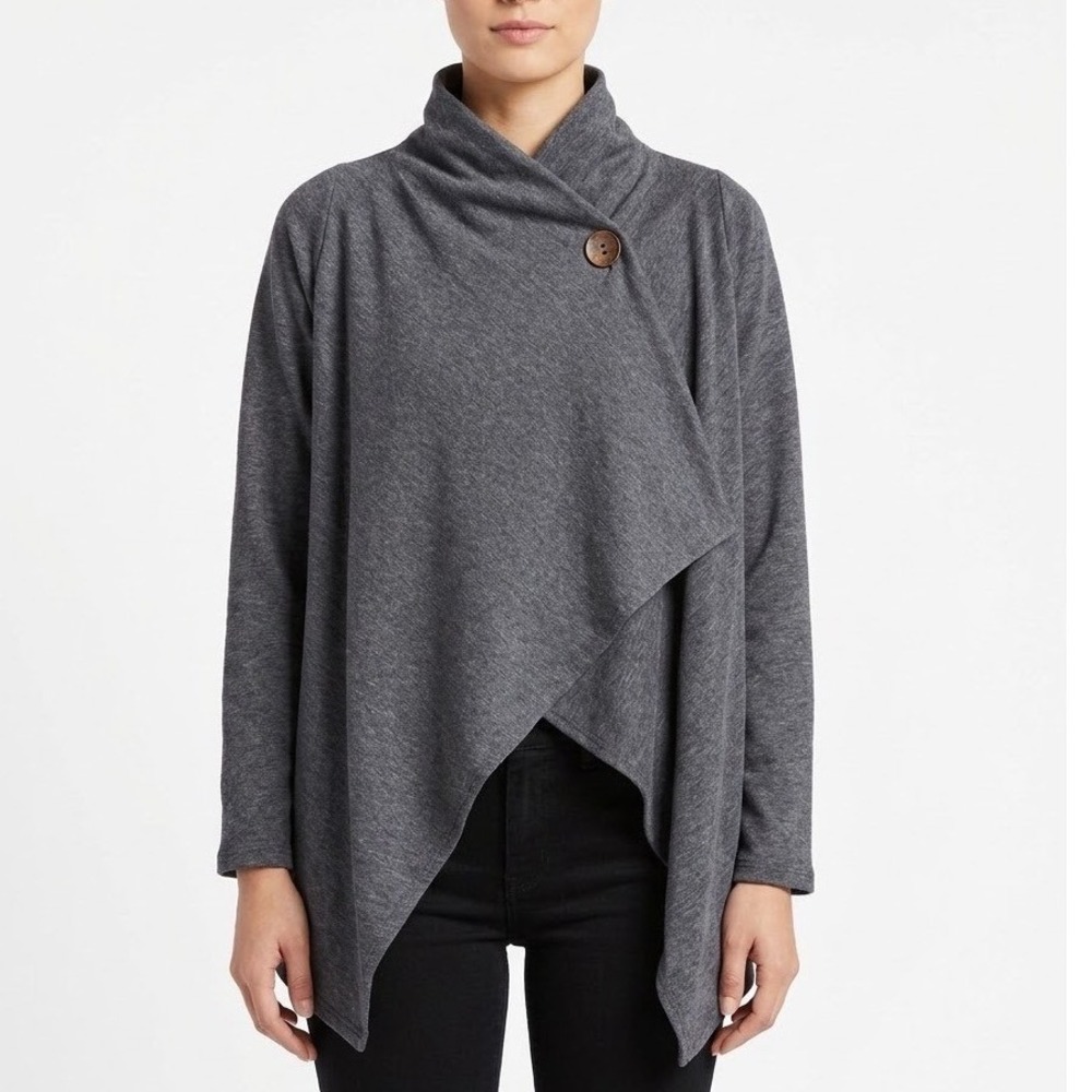 Womens One Button Fleece Wrap Cardigan Heather Gray/Blue Asymmetric Draped
